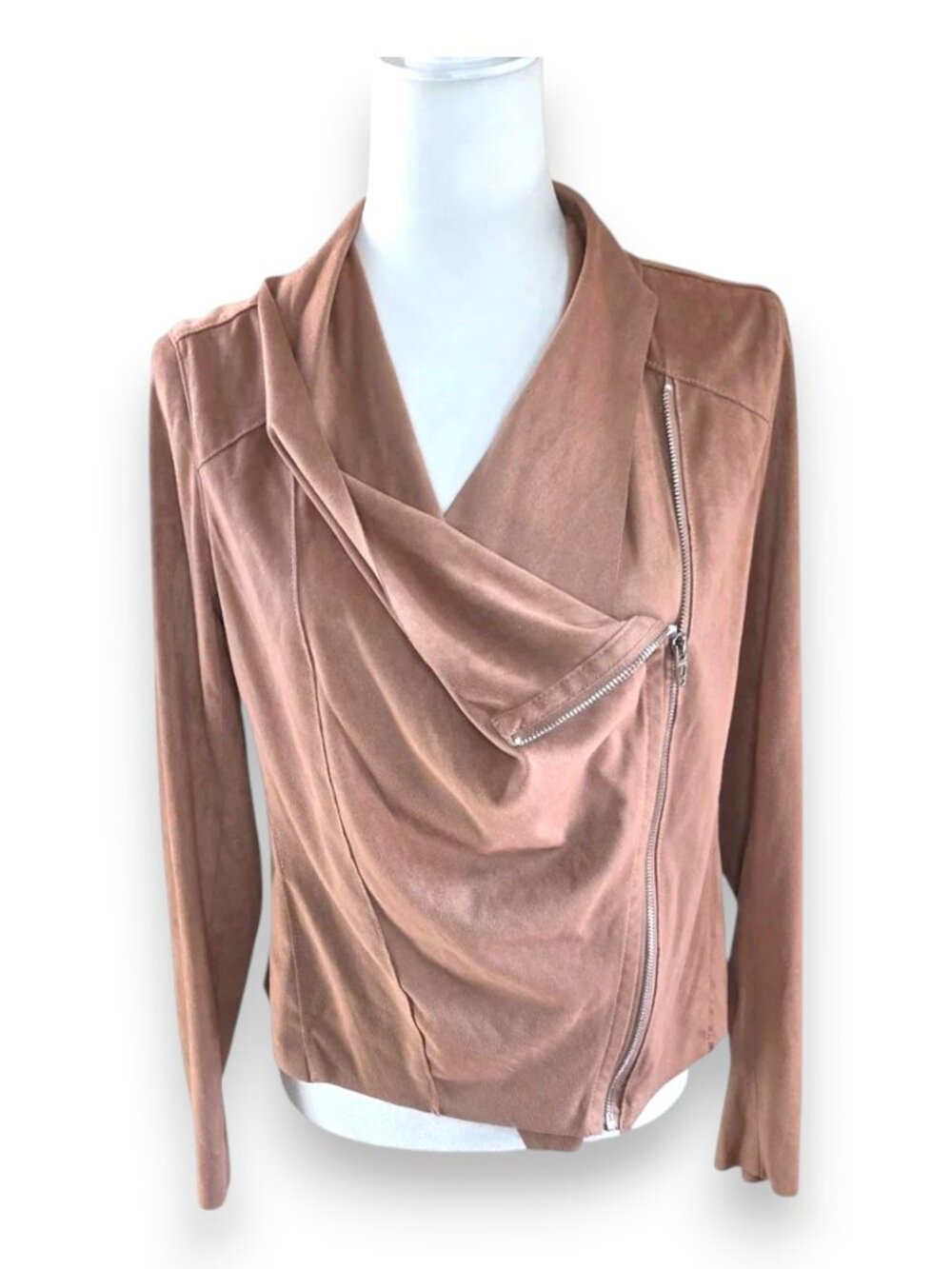 BlankNYC Tan Faux Suede Moto Jacket Draped Asymmetrical Zip Size Medium